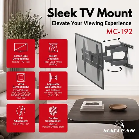 Maclean nástenný držiak TV čierna / Nástenný držiak pre TV / 32-70" / VESA 100x100-400x400 / nosnosť 40 kg