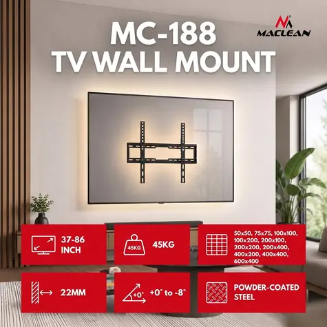 Maclean MC-188 čierna / Nástenný držiak pre TV / VESA max. 600x400 mm / 37-86" / nosnosť 45 kg / náklon 0-8°