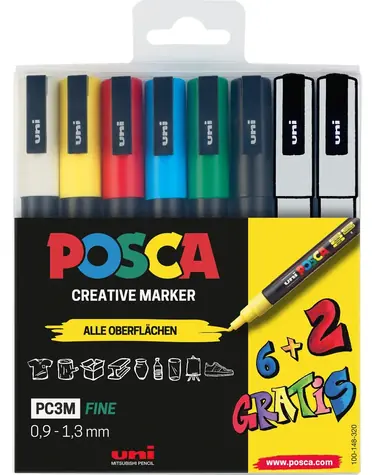 POSCA PC- 3M 6+2 / Akrylový popisovač / Sada 8 farieb