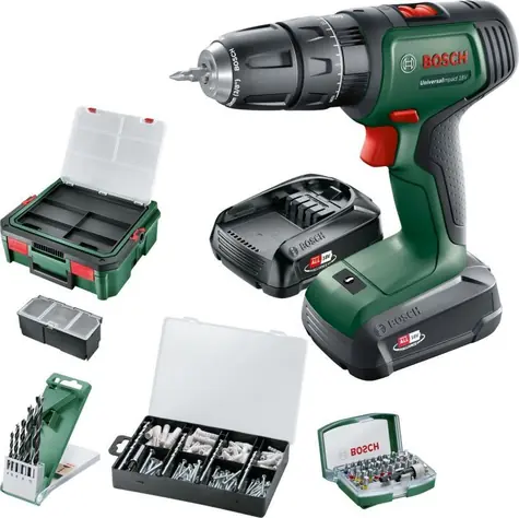 BOSCH UniversalImpact 18V zelená/čierna / Aku vŕtací skrutkovač / 1450 ot/min / 34 Nm / 10mm skľučovadlo / 2x1,5 Ah
