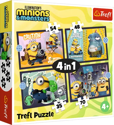 Trefl Puzzle Mimoni a monštrá 4v1 / 35 + 48 + 54 + 70 dielikov / 28,5 x 20,5 cm
