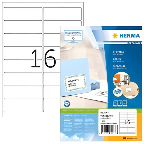 Herma Adresné etikety A4 biele 99,1x33,8 mm / Etikety / papier / 1600 ks / 100 listov
