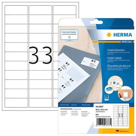 Herma Etikety pre atramentové tlačiarne 63,5x25,4 mm biele / Etikety / Papier matný / 25 listov / 825 ks