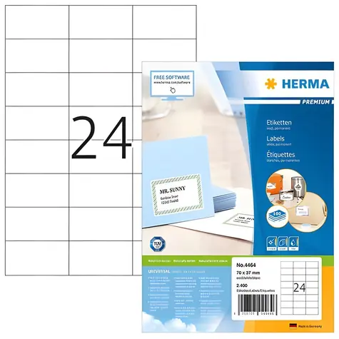 Herma Etikety Premium A4 70x37 mm biele / Etikety / papier matný / permanentné lepenie / 2400 ks / 100 listov