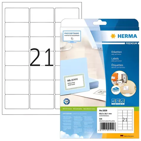 Herma Adresné etikety A4 biele 63,5x38,1 mm / Papier / Laser/Inkjet / 525 ks