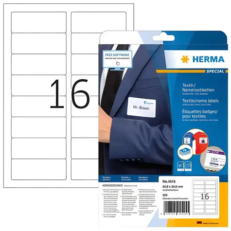 Herma Textilné menovky biele 88,9x33,8 mm / Etikety / Textil / 320 ks / A4