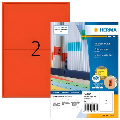 Herma Etikety A4 červená / Etikety / papier matný / 199,6x143,5 mm / 1400 ks