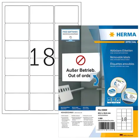 Herma Etikety A4 biele 63,5x46,6 mm / Etikety / papier / snímateľné / 1800 ks
