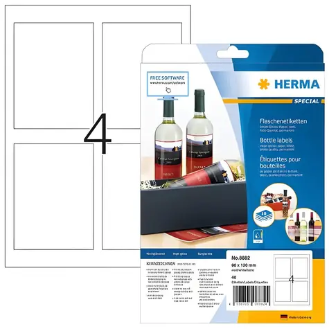 Herma etikety na fľaše biele / Etikety / 90x120 mm / Lesklé / Inkjet / 40 ks / A4