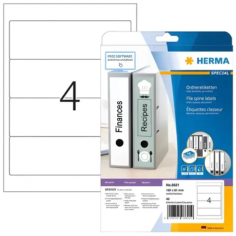 Herma Etikety na chrbát zakladača A4 biele / Etikety / 192x61 mm / 40 ks