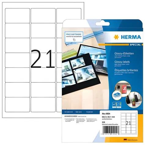 Herma etikety 63,5x38,1 mm biela lesklý papier / Etikety / A4 / laser / permanentný / 525 ks