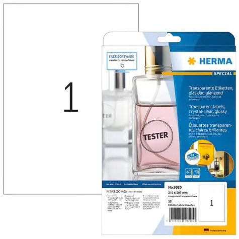 Herma etikety A4 transparentná / lesklá fólia / laser / vodeodolné / 25 ks