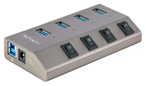 StarTech USB Hub 4 porty sivá / USB rozbočovač / 4X USB-A / jednotlivé vypínače portov / napájací adaptér