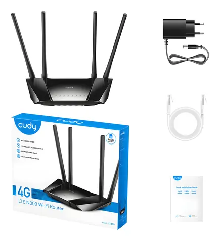 Cudy LT400 čierna / Router / 4G LTE Cat4 / 1x WAN + 3x LAN RJ45 / 2,4 GHz 300 Mbit/s