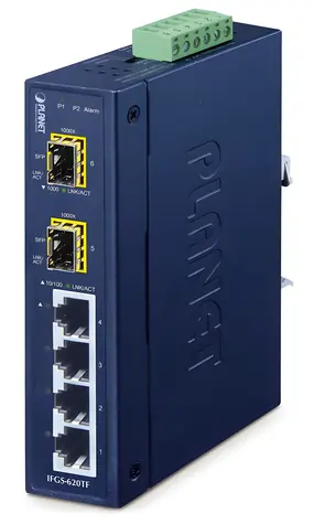 Planet IFGS-620TF / Switch priemyselný / L2 / 4X 10/100 RJ-45 / 2x 1Gb SFP / -40 až 75 ° C / 9-48VDC / IP30 / fanless