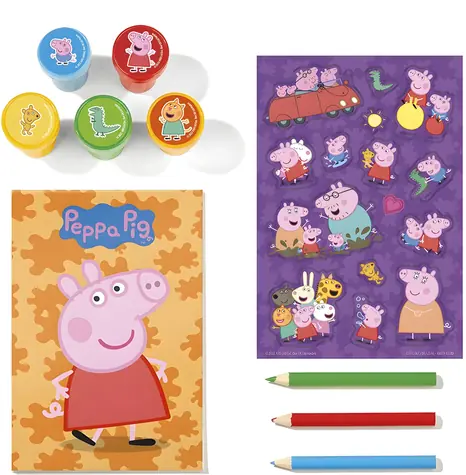Sada pečiatok Prasiatko Peppa s doplnkami / Pečiatky / 5 pečiatok + 3 pastelky + nálepky + blok