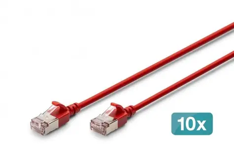 Digitus CAT 6A F/FTP Slim červený / Patch kábel / RJ45 / 0,3 m / 10 Gbit / s / 10 ks