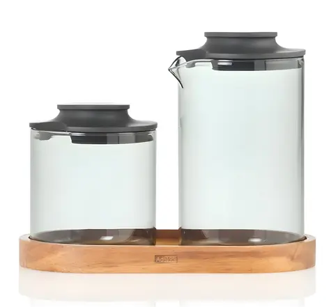 AdHoc IMPACT / Sada na cukor a mlieko s podtáckom / Sklo a akácia / 250 ml / 180 g