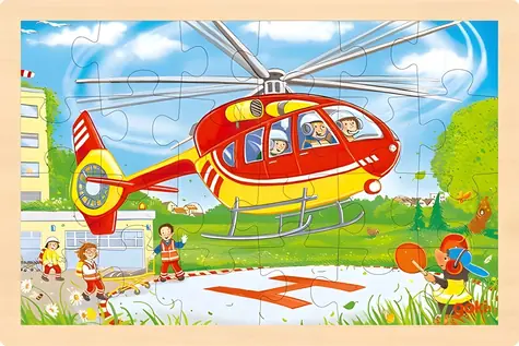GOKI Drevené obojstranné puzzle Hasiči a vrtuľník / 24 dielikov