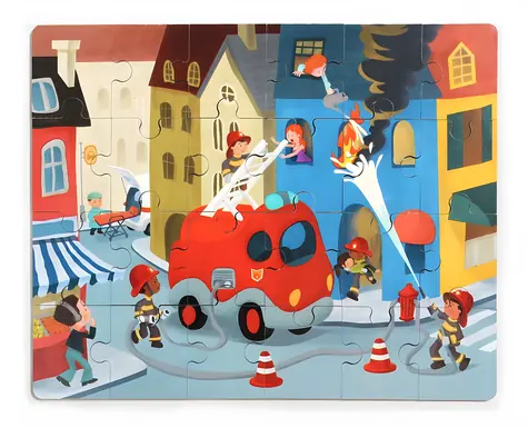 TOP BRIGHT Drevené puzzle s hračkou Hasičské auto / 24 dielikov
