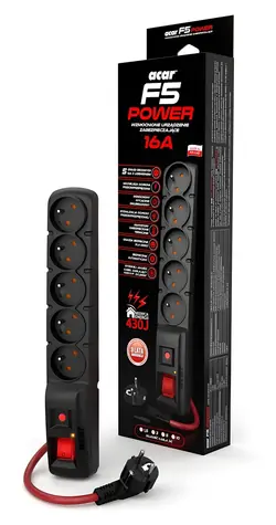Acar F5 čierna / Predlžovací prívod / prepäťová ochrana / 5 zásuviek / 1,5 m / 16 A