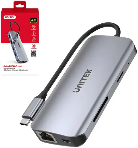 Unitek USB-C húb sivá / Hub USB / 8v1 / 2x HDMI 4K / RJ-45 / čítačka SD kariet / PD 100W / 5 Gbps