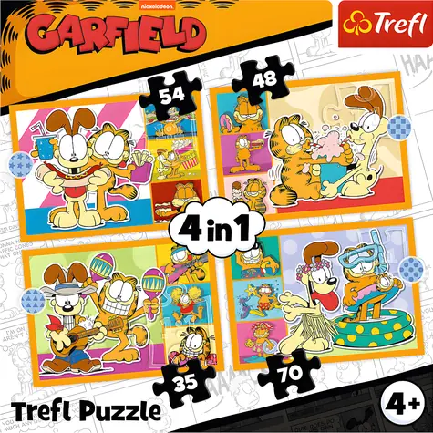 Trefl Puzzle Garfield miluje lasagne 4v1 / 35, 48, 54, 70 dielikov / 28,5x20,5 cm / od 4 rokov