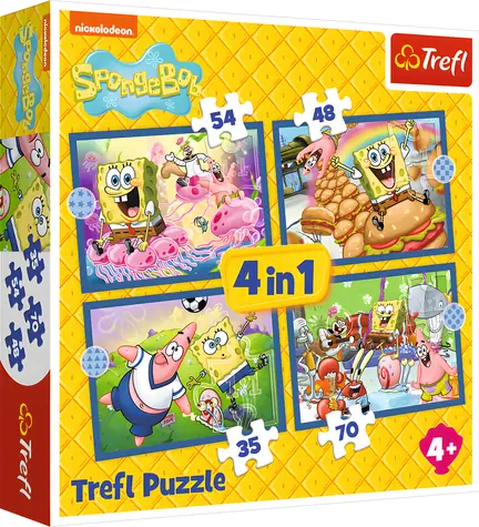 Trefl Puzzle SpongeBobov život 4v1 / 35+48+54+70 dielikov / 28,5 x 20,5 cm