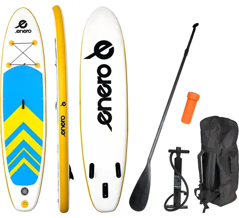 ENERO Paddleboard žlto-modro-biela / Nafukovacia SUP sada s pádlom / 320 x 76 x 15 cm / Nosnosť 130 kg