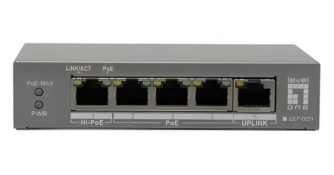 LevelOne GEP-0531 / Switch / Unmanaged / 5x GE / 4X PoE (3x PoE+, 1x Hi-PoE) / 60W PoE