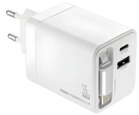Troika POWER PULL 35 biela / Nabíjačka / GaN / USB-C + USB-A / 35W PD / výsuvný kábel USB-C