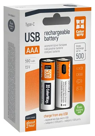 Colorway nabíjacia batéria AAA 590 mAh / Nabíjacia batéria / 1,5 V / USB-C / 6 ks