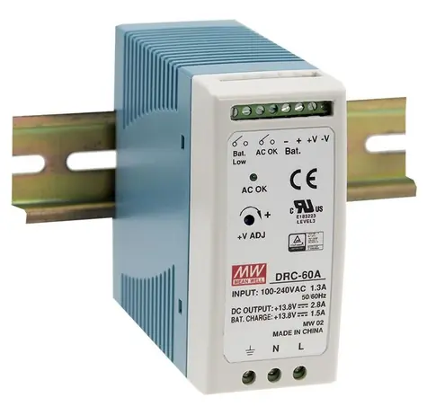 Mean Well DRC-60A / Napájací zdroj / 12-15V / 2,8 A / výstup na batériu 1,5 A / DIN lišta