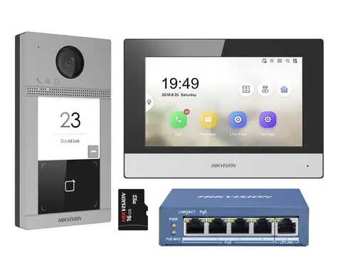 HIKVISION DS-KIS604-S(C) / Sada IP videotelefónu / bytový monitor / dverové stanice / switch / microSD