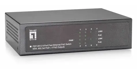 LevelOne PoE+ switch 8x FE / Switch / 4X PoE+ + 4X FE / 65 W / kovové telo / Rack 19”