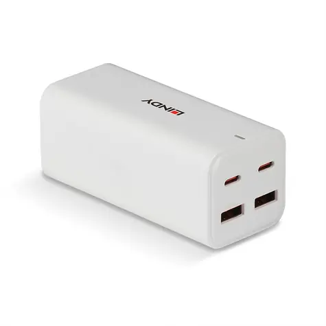 Lindy GaN nabíjačka 100W biela / Sieťová nabíjačka / 2x USB-C / 2x USB-A / PD 3.0 / GaN