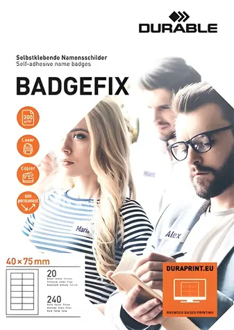 Durable Badgefix biela / Menovka / 75x40 mm / textil / 240 ks