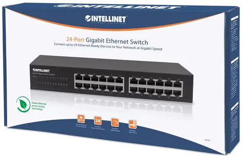Intellinet 24portový Gigabit switch čierna / Switch / 24× RJ-45 10/100/1000 / Rack 19" / Desktop / Kov / 48 Gbit / s