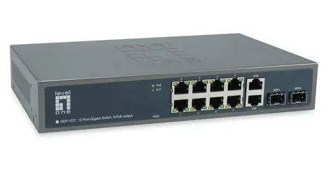 LevelOne GEP-1221 / PoE+ switch / 8x GbE PoE+ / 2x GE / 2x SFP / 150W / Unmanaged / 19" kov