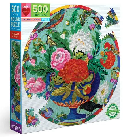 EEBOO Okrúhle puzzle Kvety a vtáčiky / 500 dielikov / priemer 58,5 cm