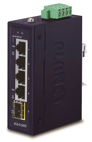 Planet IGS-510TF / Switch priemyselný / 4X 1000Base-T RJ-45 / 1x SFP / -40 až 75 ° C / 9-48VDC / dual power