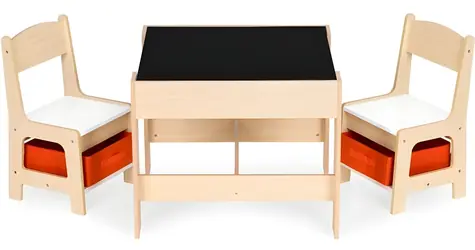 ECOTOYS Detský drevený stôl s dvoma stoličkami Prírodný / Detský nábytok / MDF doska s tabuľou a úložnými priehradkami