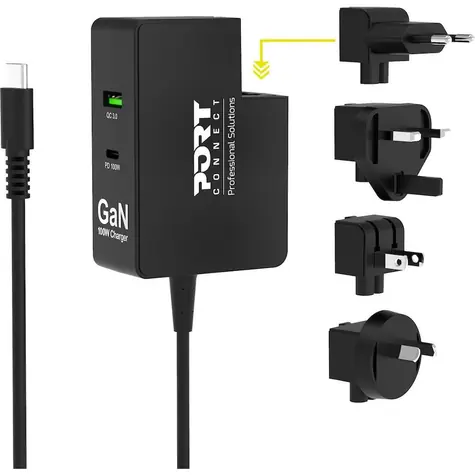 PORT CONNECT GaN 100W PD čierna / Nabíjací adaptér / 2x USB-C / 1x USB-A