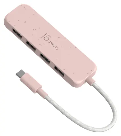J5Create Eco-Friendly USB-C Hub ružová / USB-C hub / 4X USB-A / USB 3.2 Gen 2 / recyklovaný plast