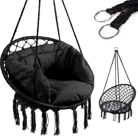 KIK Závesné hojdacie kreslo LUARO čierne / s vankúšom / nosnosť do 150 kg / priemer sedadla 62 cm
