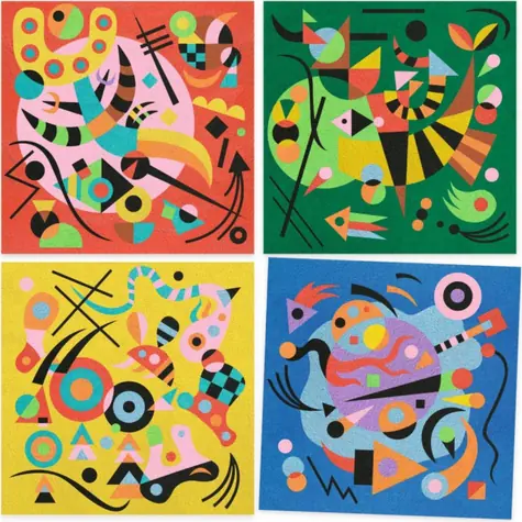 DJECO Kreatívna sada Kandinsky / Tvorivá sada s farebným pieskom / 4 ilustrované karty / 12 farieb piesku / FSC kartón