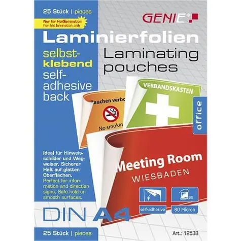 GENIE Laminovacie vrecká samolepiace A4 80 mic / Laminovacie fólie / 25 ks / Vodeodolné