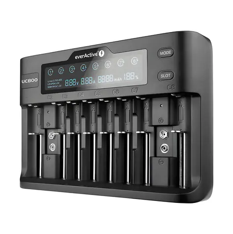 EverActive UC-800 čierna / Nabíjačka pre Ni-MH a Li- ION batéria / AA / AAA / 9V / LCD displej / až 10 batérií
