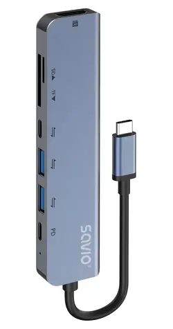 Savio AK-82 čierna / USB-C hub / 7 portov / HDMI 4K30Hz / USB-C PD / čítačka SD/microSD