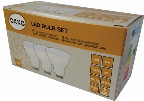 Okko LED žiarovka GU10 / Žiarovka / 6W / 3000K / 450lm / 3 ks